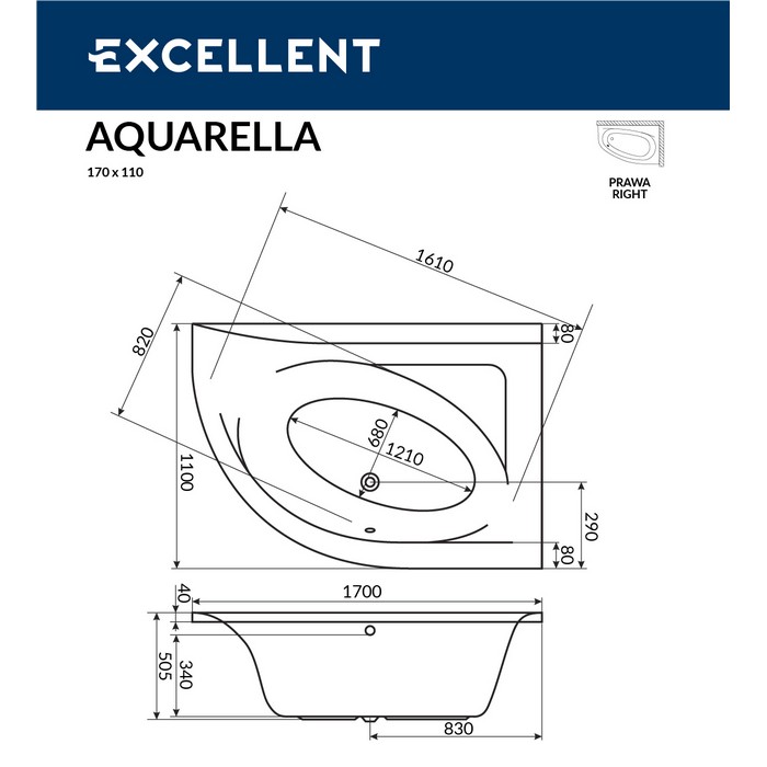 картинка Ванна EXCELLENT Aquarella 170x110 правая с каркасом MR-02 