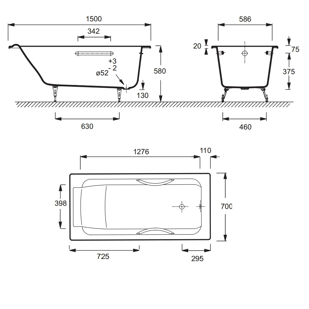 картинка Чугунная ванна Jacob Delafon Parallel 150x70, с ручками, ножками E4113-NF и слив-переливом E6D159-CP P хром 