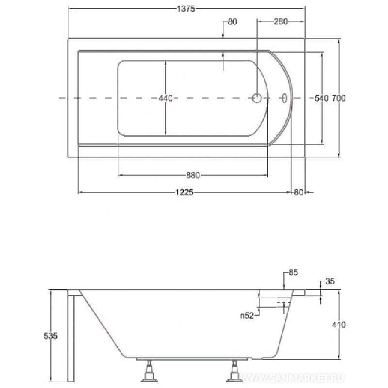 картинка Акриловая ванна Besco Shea 140x70 с каркасом KMP14070 