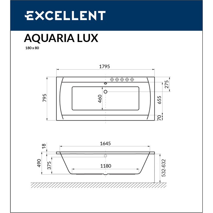 картинка Ванна EXCELLENT Aquaria Lux Slim 180x80 