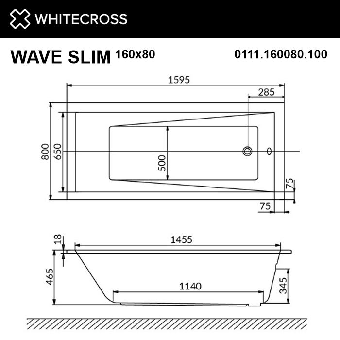 картинка Ванна WHITECROSS Wave Slim 160x80 RELAX хром 