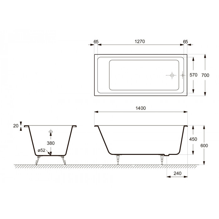 картинка Ванна чугунная Delice Level 1400х700 с ножками, черными ручками DLR000006 и антискользящим покрытием 
