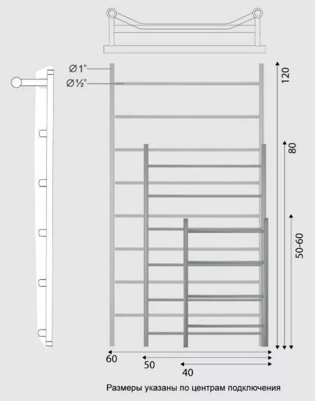 картинка Полотенцесушитель Двин FTE 50/40 Водяной полн.высота 60 см. / 1"-1/2" К2 выход 1" слева Черный матовый (4627169560785) 