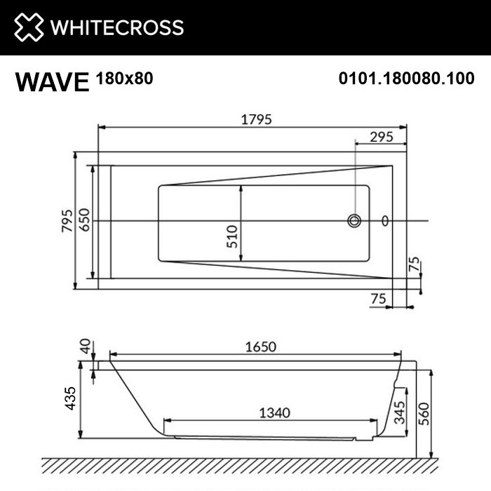 картинка Ванна WHITECROSS Wave 180x80 акрил с каркасом MR-02 