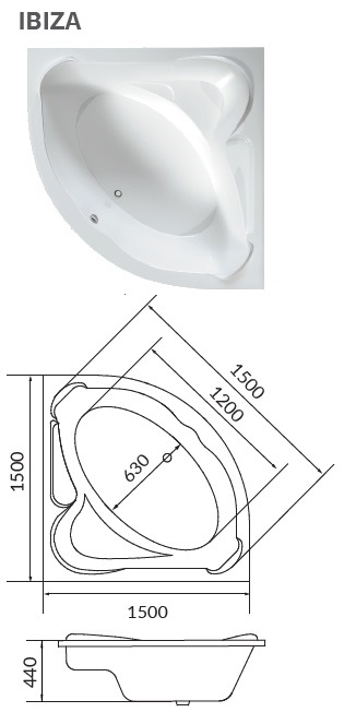 картинка Ванна 1Marka IBIZA 150x150 с каркасом и слив-переливом 