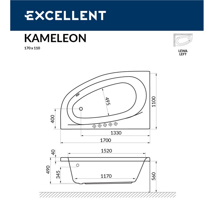 картинка Ванна EXCELLENT Kameleon 170x110 левая SMART хром 