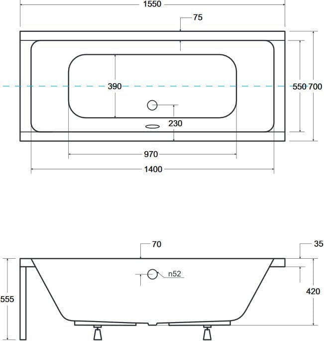 картинка Акриловая ванна Besco Quadro 155x70 с ножками Stel 