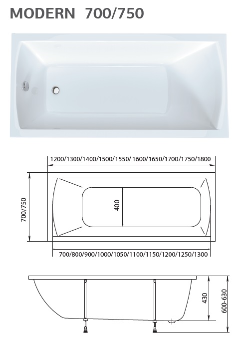 картинка Ванна Marka One MODERN 150x70 с ножками и слив-переливом 