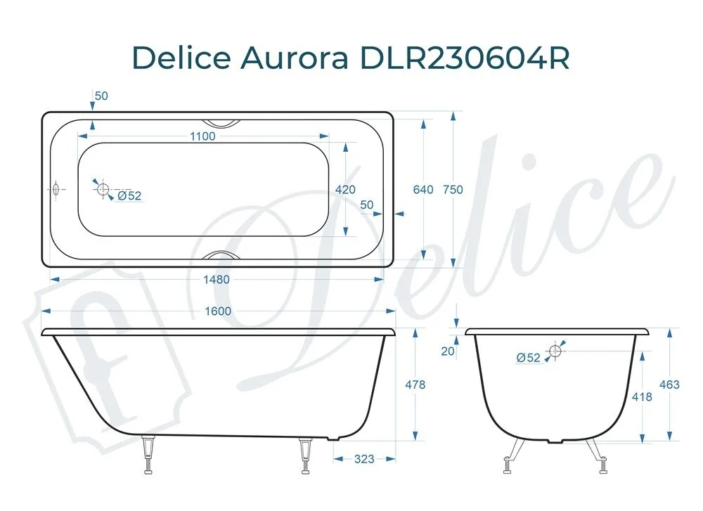 картинка Ванна чугунная Delice Aurora 160х75 с отверстиями под ручки DLR230604R 