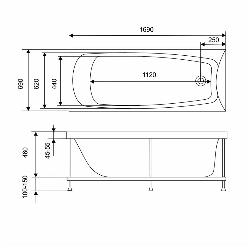 картинка Акриловая ванна Eurolux TROYA 170x70 с ножками 