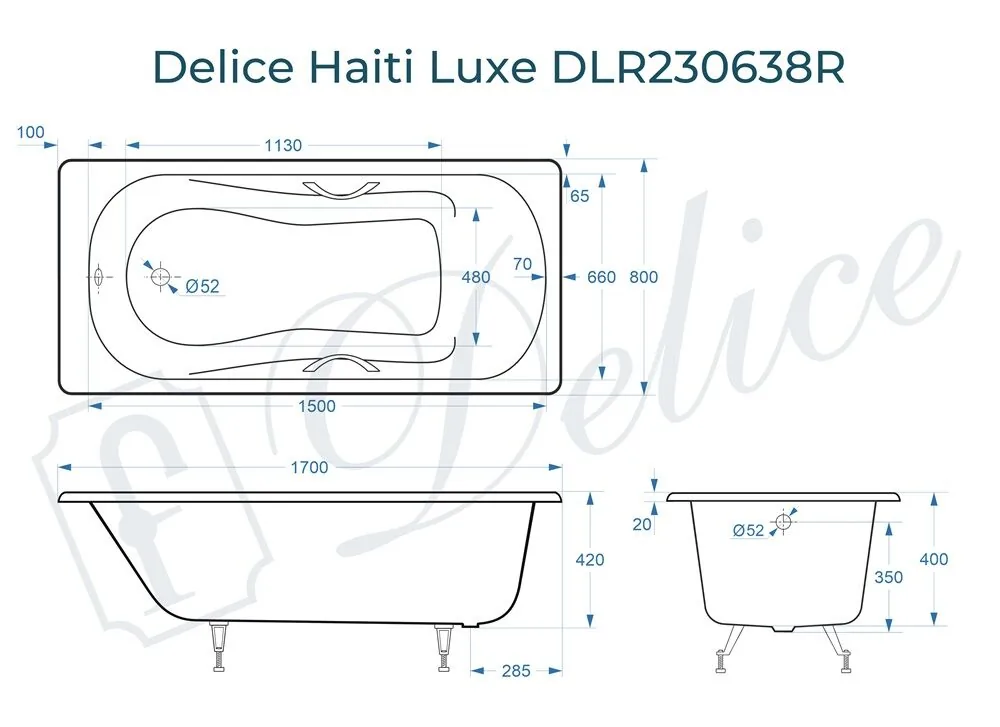 картинка Ванна чугунная Delice Haiti Luxe 170х80 с отверстиями под ручки DLR230638R 