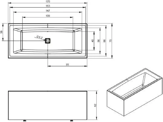 картинка Акриловая ванна Riho Still Square Elite 170x75, L 