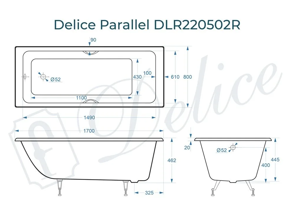 картинка Ванна чугунная Delice Parallel 170х80 с ручками DLR220502R 