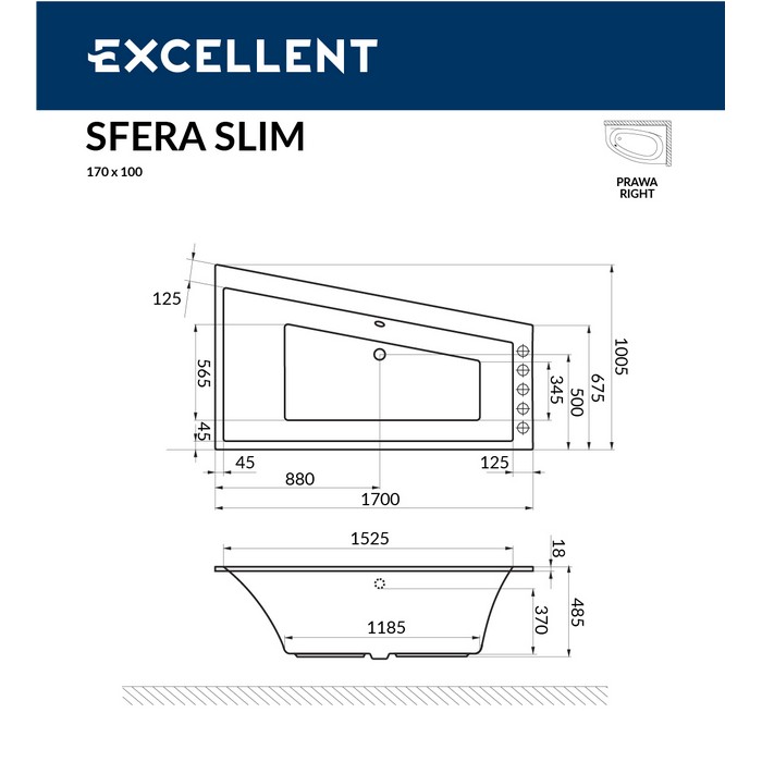 картинка Ванна EXCELLENT Sfera Slim 170x100 правая ULTRA хром 