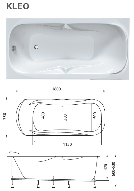 картинка Ванна Marka One KLEO 160x75 с каркасом и слив-переливом 