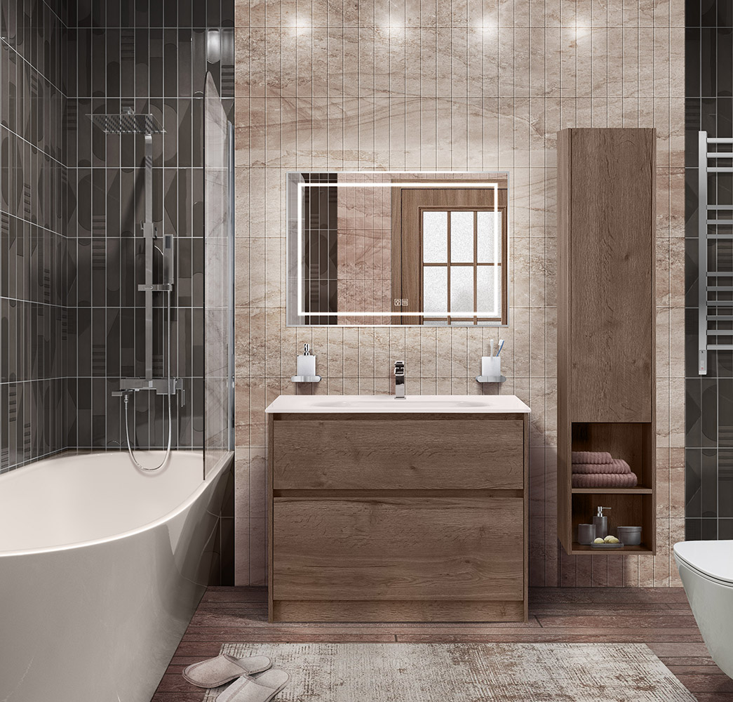 фото Тумба с раковиной напольная BelBagno KRAFT 100 Rovere Tabacco, раковина белая 