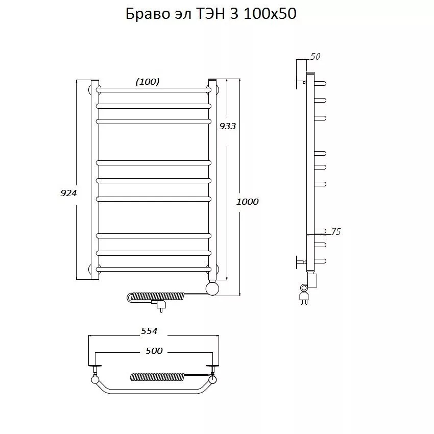 картинка Полотенцесушитель Тругор Браво эл ТЭН 3 100*50 (ЛЦ4) (Браво3/элТЭН10050) 