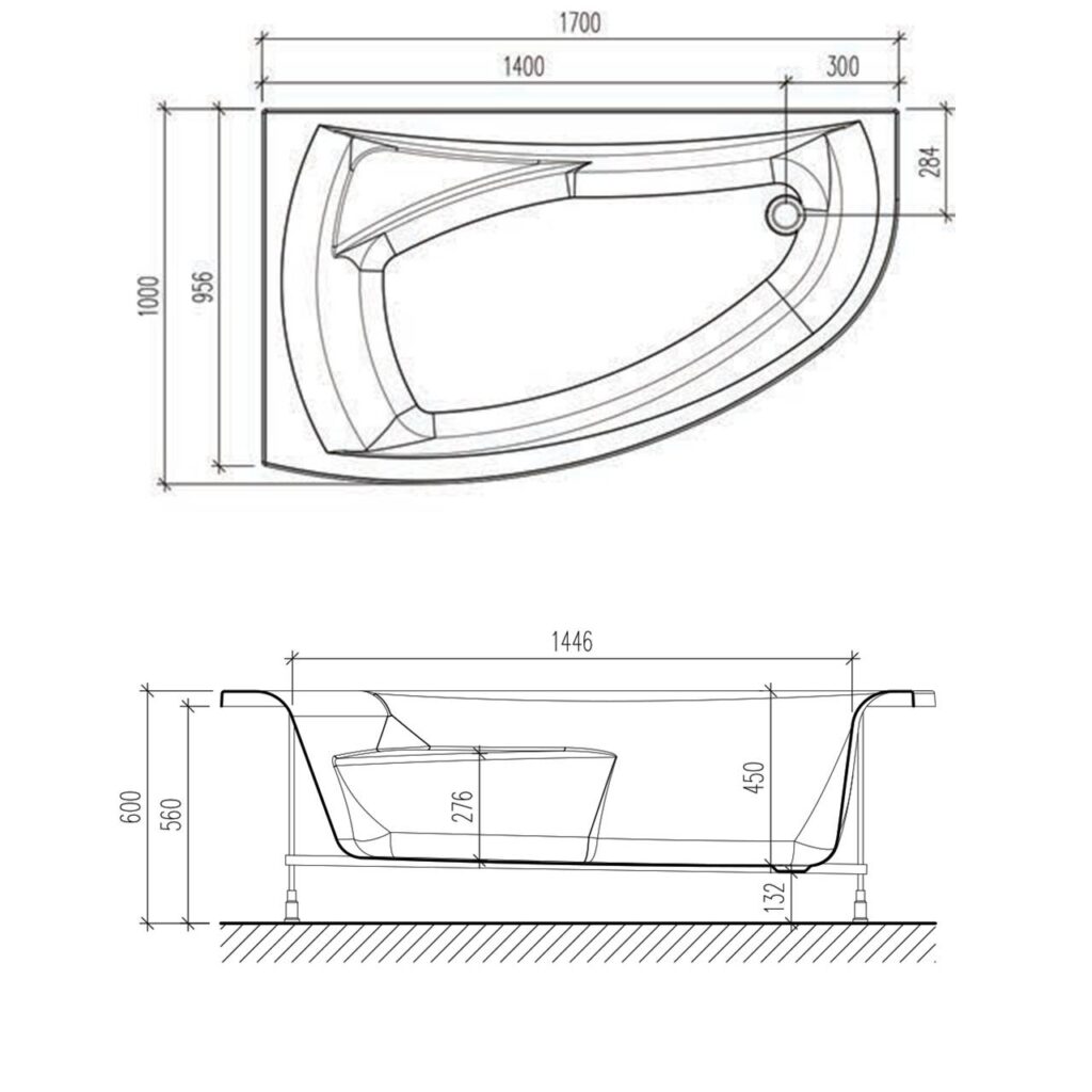 картинка Акриловая ванна Eurolux COMO 170X100R с каркасом, экраном и слив-переливом 