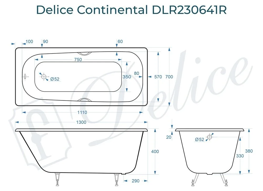 картинка Ванна чугунная Delice Continental 130х70 с отверстиями под ручки DLR230641R 