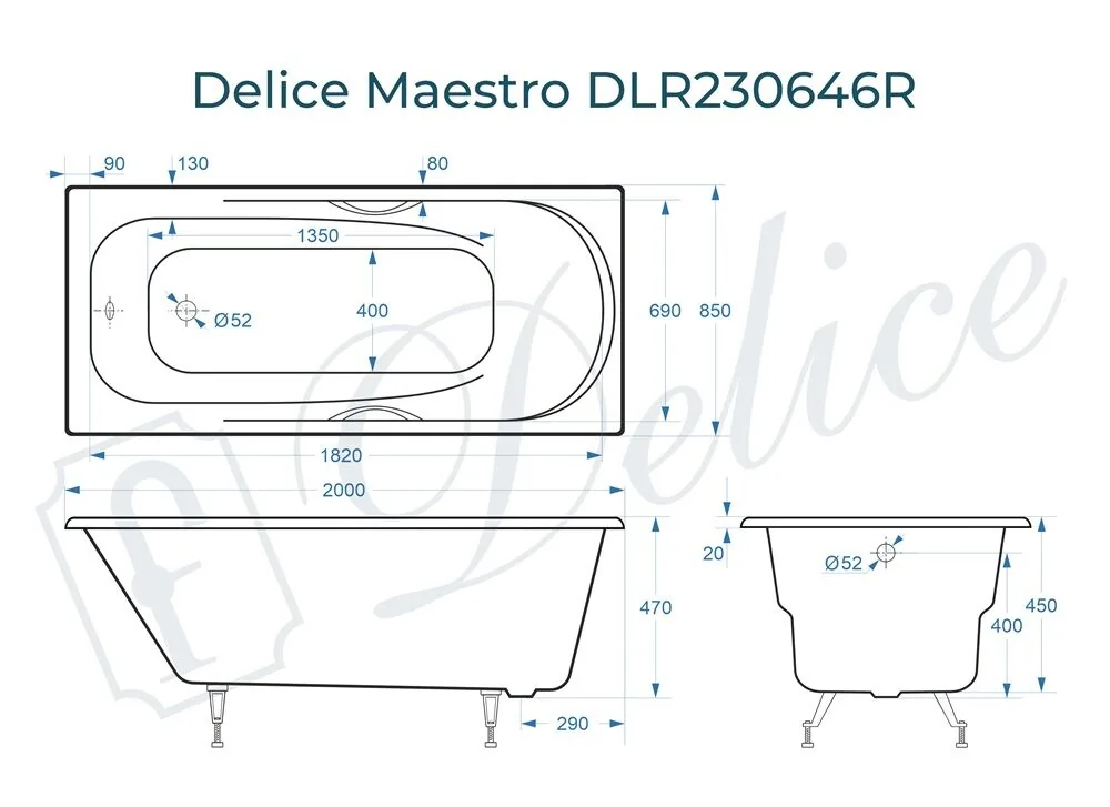 картинка Ванна чугунная Delice Maestro 200х85 с отверстиями под ручки DLR230646R 