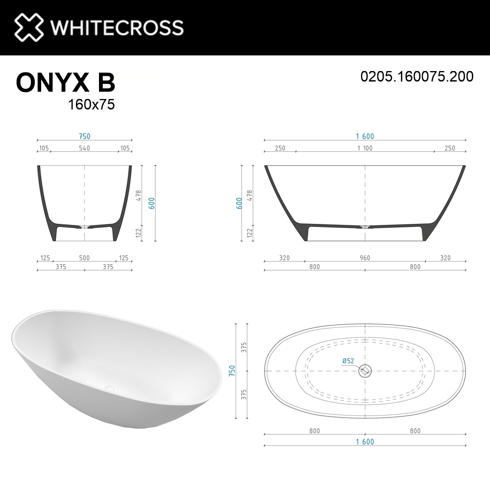 картинка Ванна WHITECROSS Onyx B 160x75 белый мат иск. камень 