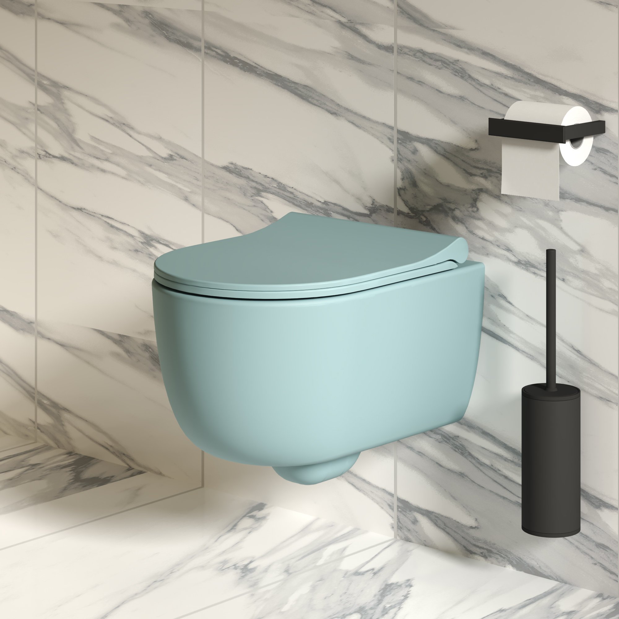 картинка Унитаз подвесной Ambassador Abner 103T20801R матовый голубой с тонкой крышкой 