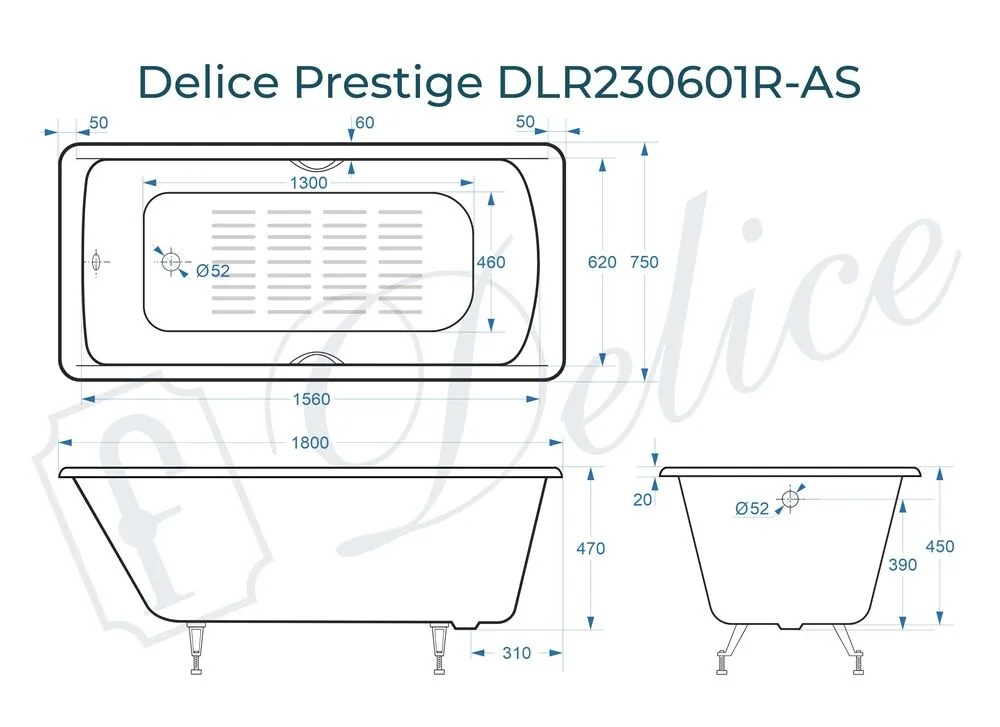 картинка Ванна чугунная Delice Prestige 180х75 с отверстиями под ручки и антискользящим покрытием DLR230601R-AS 