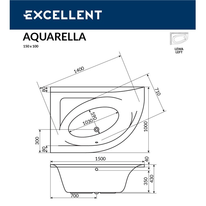 картинка Ванна EXCELLENT Aquarella 150x100 левая RELAX золото 