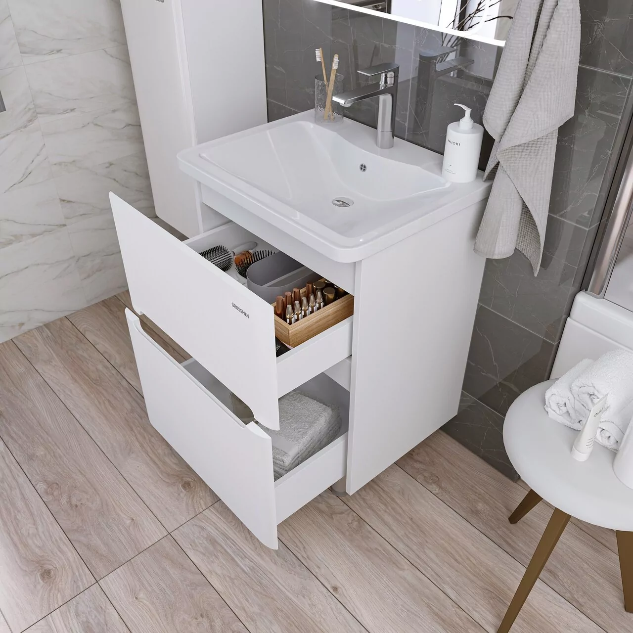 фото Тумба напольная Grossman АДЕЛЬ-НОРМА-60 см с 2-я ящиками белая под умывальник Aдель-60 