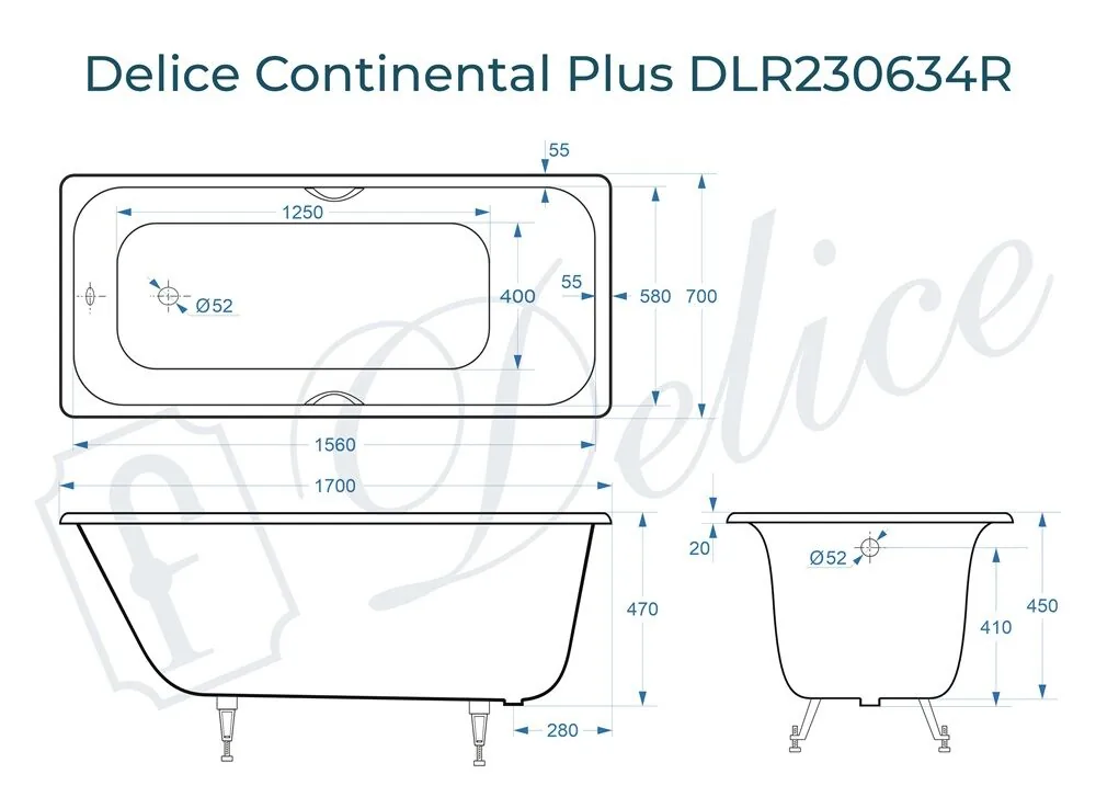 картинка Ванна чугунная Delice Continental PLUS 170х70 с отверстиями под ручки DLR230634R 