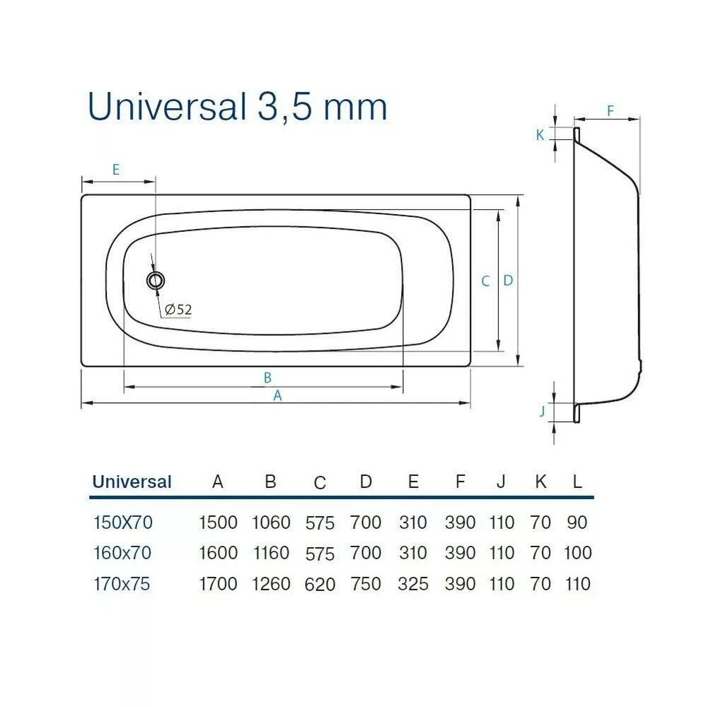 картинка Стальная ванна Koller Pool Universal 160X70 B60HAH00E 