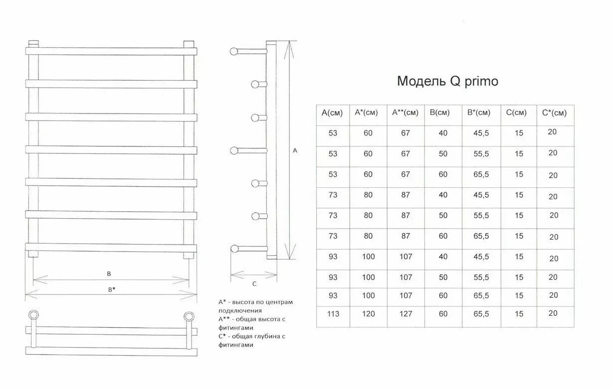 картинка Полотенцесушитель Двин Q primo 100/60 1"-3/4"-1/2" Универсальный К1, Полированный (4627086037193) 