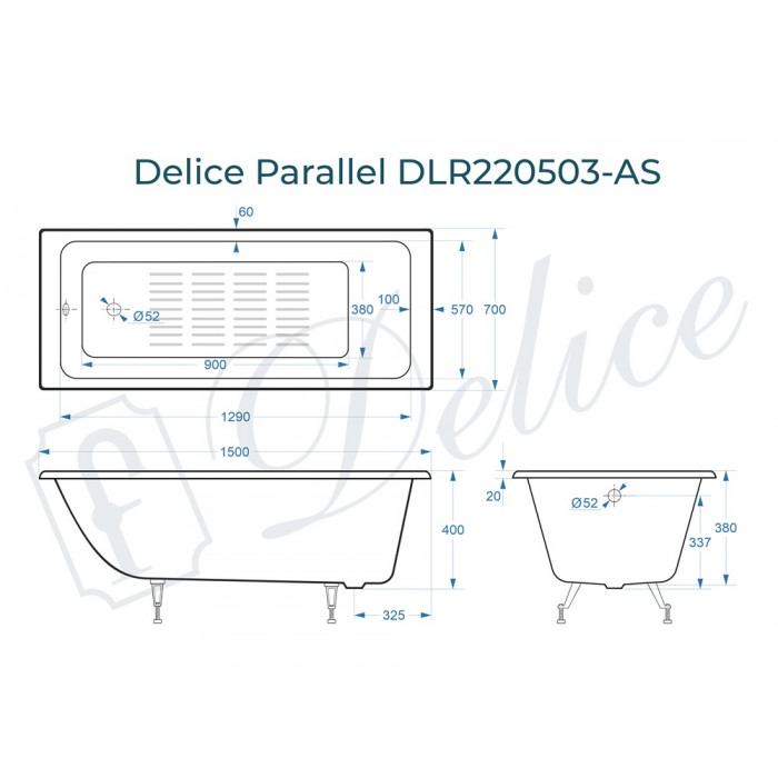 картинка Ванна чугунная Delice Parallel 1500х700 без ручек с ножками и антискользящим покрытием 
