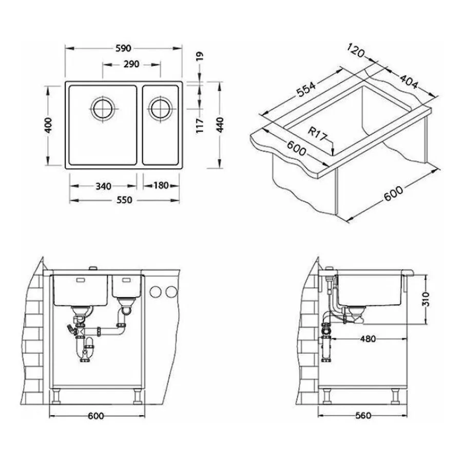 картинка Мойка Alveus KOMBINO 10 SAT-90 180X400X144 в комплекте с сифоном 