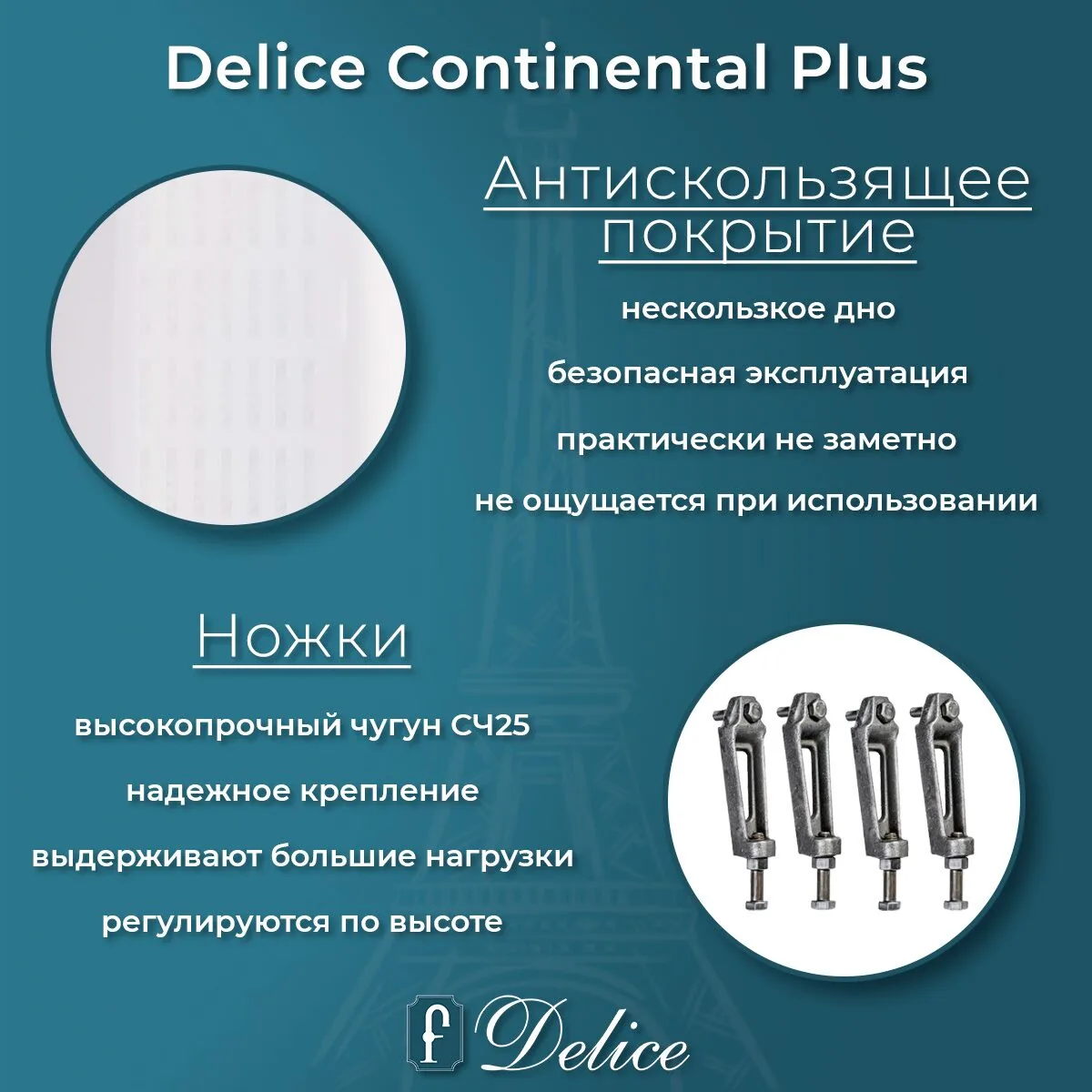 картинка Ванна чугунная Delice Continental PLUS 150х70 с отверстиями под ручки и антискользящим покрытием DLR230633R-AS 