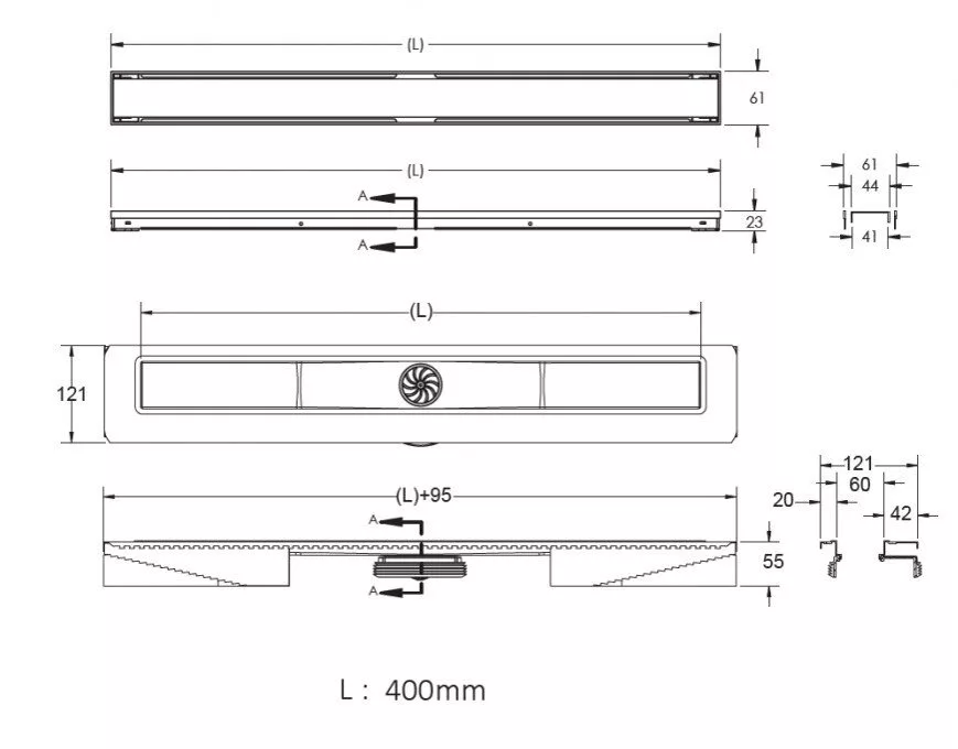 картинка Желоб водосток BERGES B1 Antik 400, матовый хром, вертикальный выпуск S-сифон D50/105мм H30/80мм 