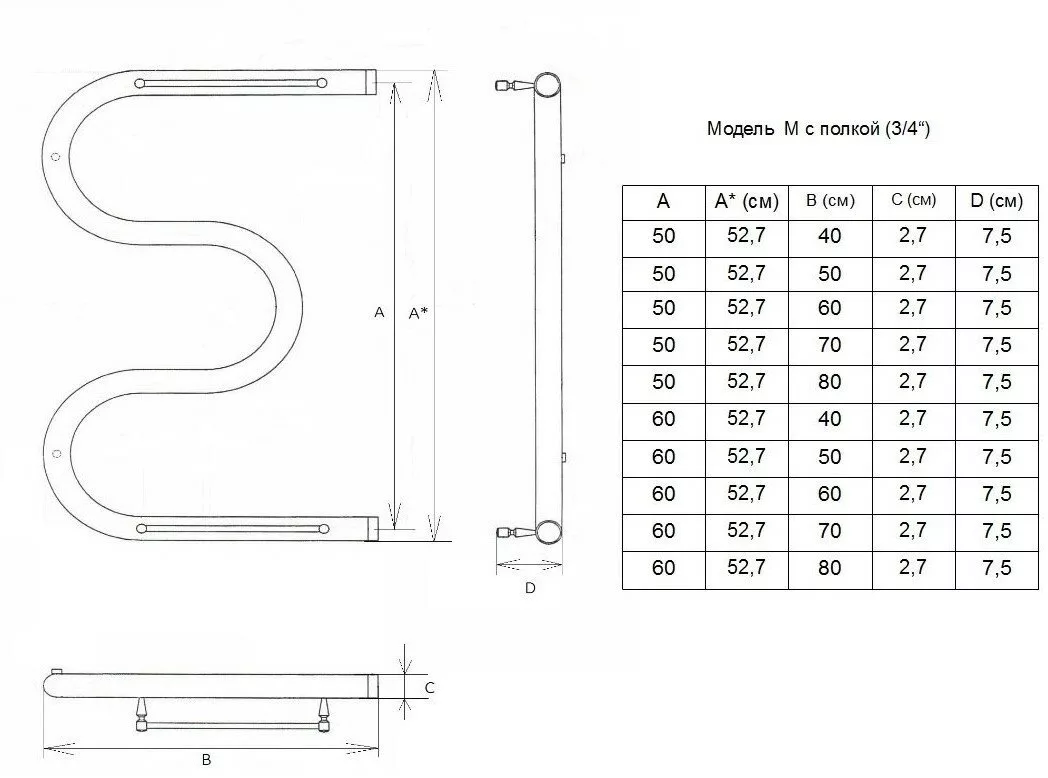 картинка Полотенцесушитель Двин M 60/60 3/4" С полкой Водяной К0, Полированный (4627086010875) 