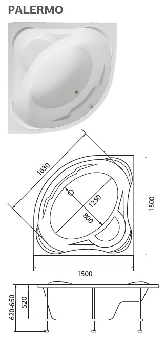 картинка Ванна 1Marka PALERMO 150x150 с каркасом 