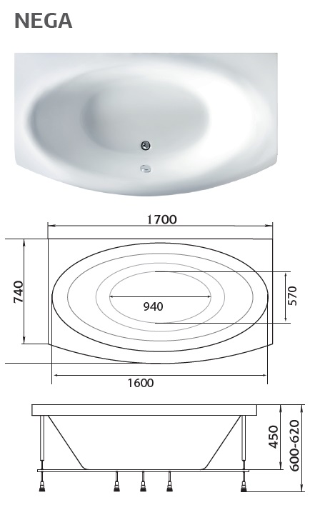 картинка Ванна Marka One NEGA 170x95 с каркасом 