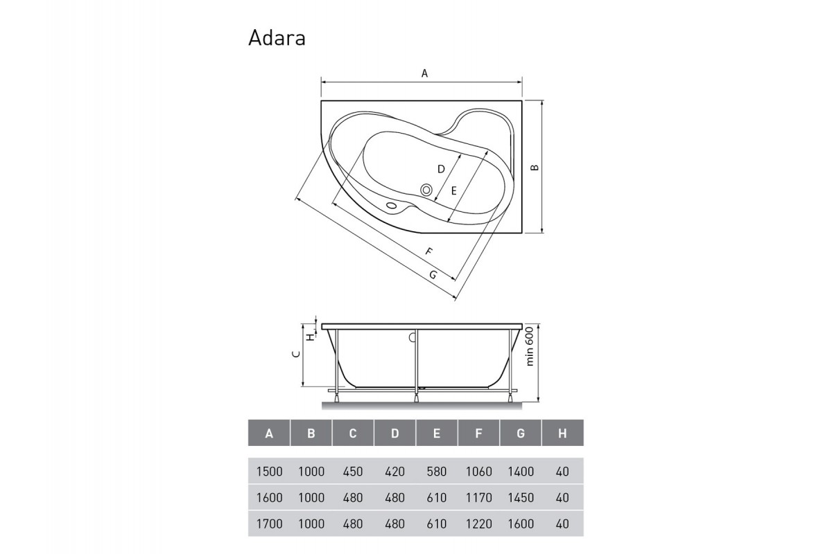 картинка Акриловая ванна Relisan Adara R 170х100 