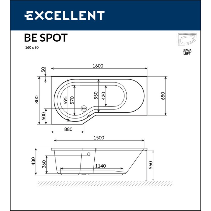 картинка Ванна EXCELLENT Be Spot 160x80 левая с ножками HW-ST-NWAEX-68 