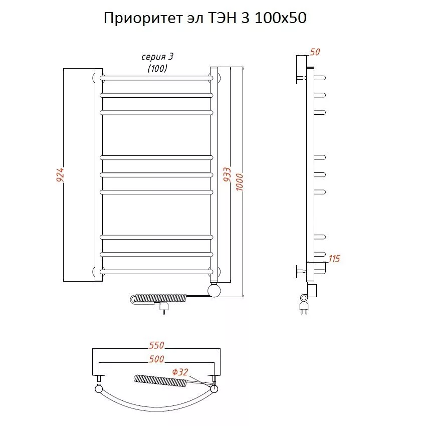 картинка Полотенцесушитель Тругор Приоритет эл ТЭН 3 100*50 (ЛЦ2) (Приоритет3/элТЭН10050) 