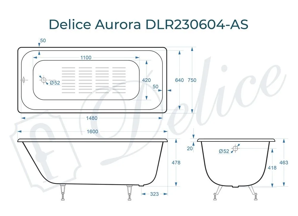 картинка Ванна чугунная Delice Aurora 160х75 с антискользящим покрытием DLR230604-AS 