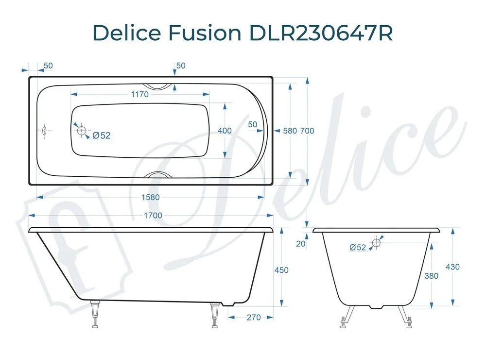 картинка Ванна чугунная Delice Fusion 170х70 с отверстиями под ручки DLR230647R 