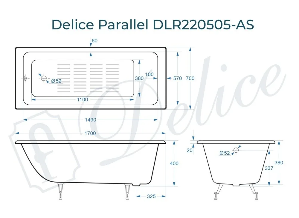 картинка Ванна чугунная Delice Parallel 170х70 с антискользящим покрытием DLR220505-AS 