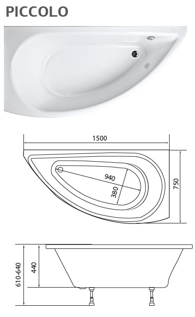 картинка Ванна 1Marka PICCOLO 150x75 R с каркасом и слив-переливом 