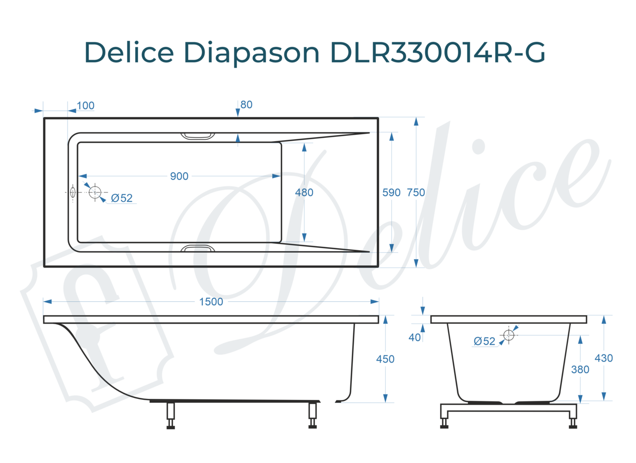 картинка Ванна из литьевого мрамора Delice Diapason 150х75 глянцевая с ручками Хром DLR330014R-G 