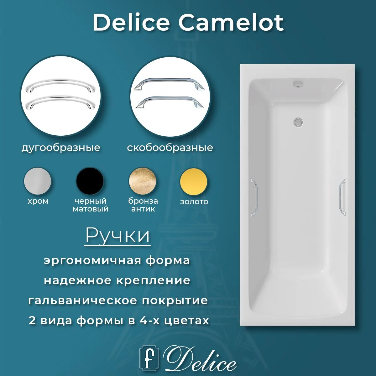 картинка Ванна чугунная Delice Camelot 180х80 с отверстиями под ручки DLR230616R 