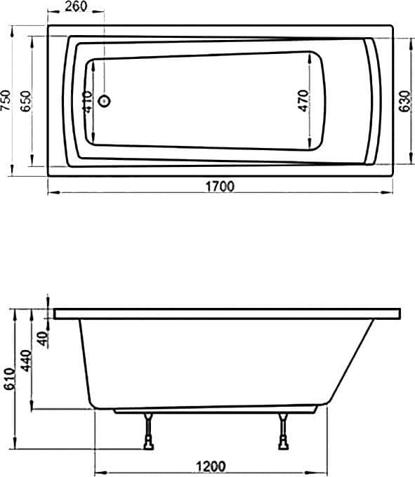 картинка Акриловая ванна Ravak Domino Plus 170 с ножками CY00030000 