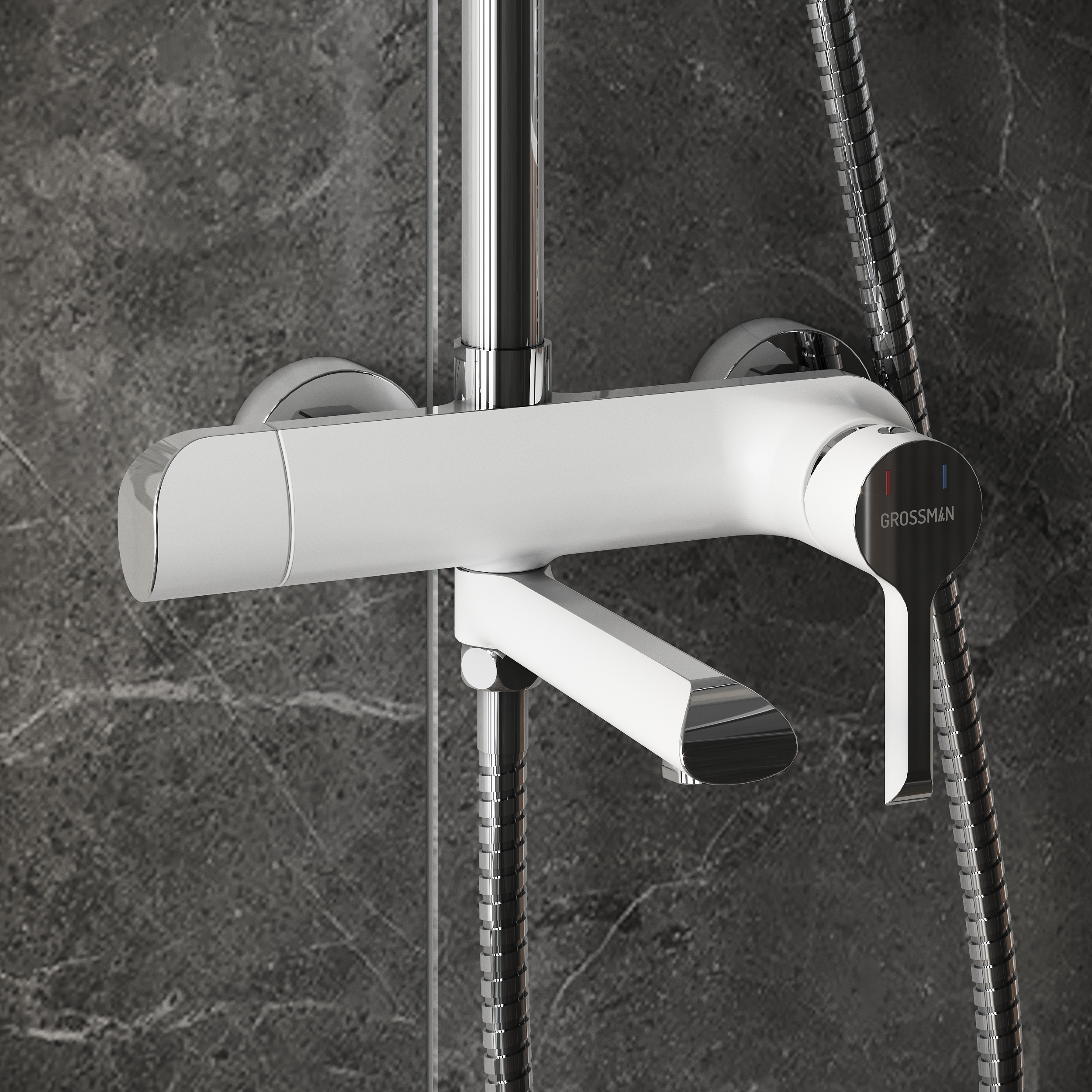 картинка Душевая стойка Grossman Alba 500.K35.06.100/000 с верхним душем ручной лейкой и смесителем хром с белым 